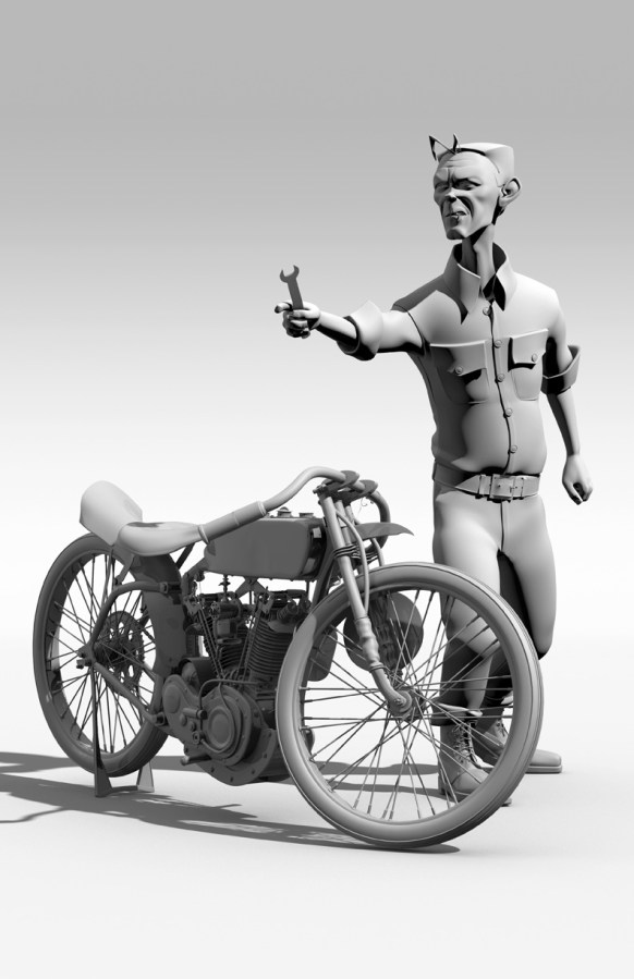 3D model of 1924 Harley Davidson and mechanic